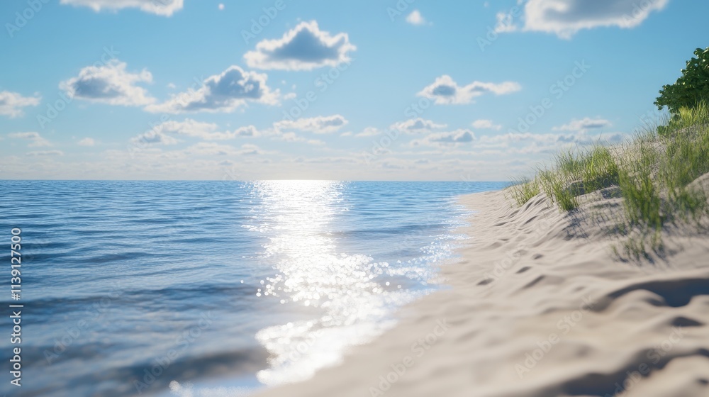 Serene Beach View with Sparkling Water and Fluffy Clouds Above Serene Beach View with Sparkling Water and Fluffy Clouds Above