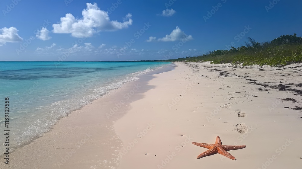 Tranquil Beach with Starfish on Sandy Shore Under Blue Sky Tranquil Beach with Starfish on Sandy Shore Under Blue Sky