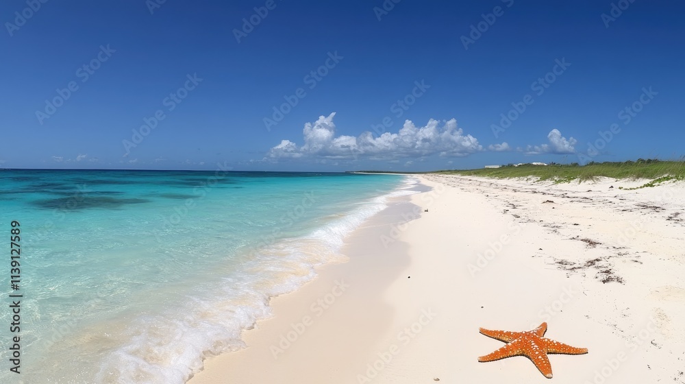 Vibrant Starfish on Serene Tropical Beach with Clear Blue Water Vibrant Starfish on Serene Tropical Beach with Clear Blue Water