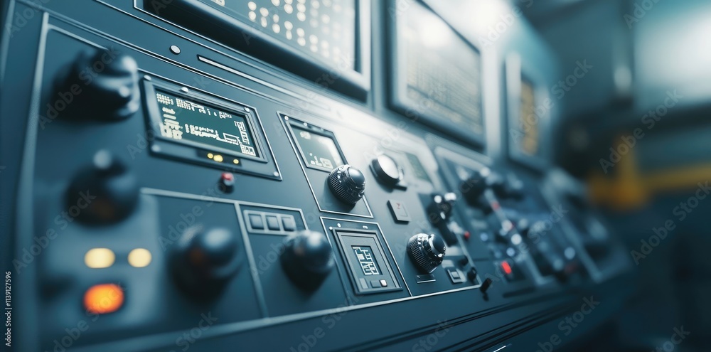 Naklejka premium Close-up view of a modern industrial control panel.