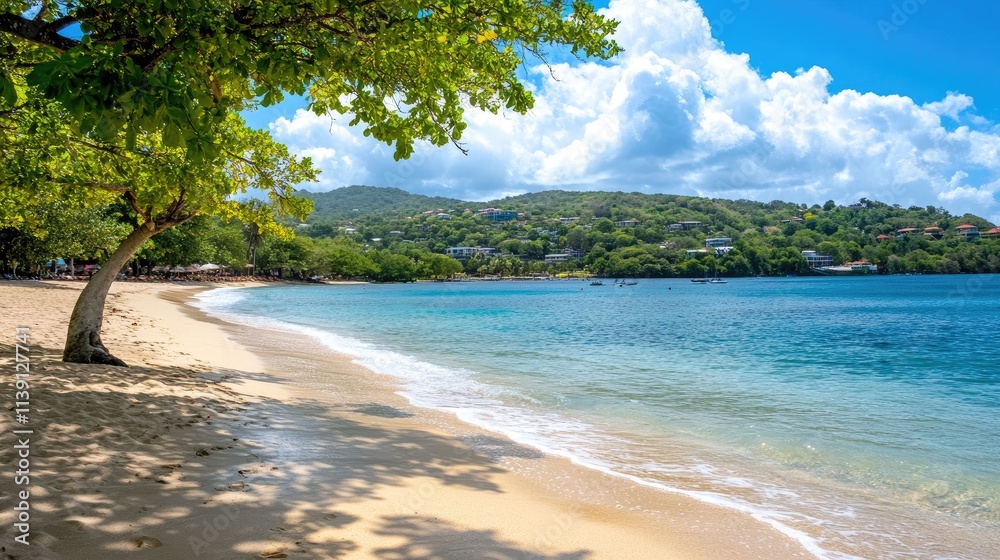 Serene Tropical Beach with Clear Water and Lush Greenery Serene Tropical Beach with Clear Water and Lush Greenery