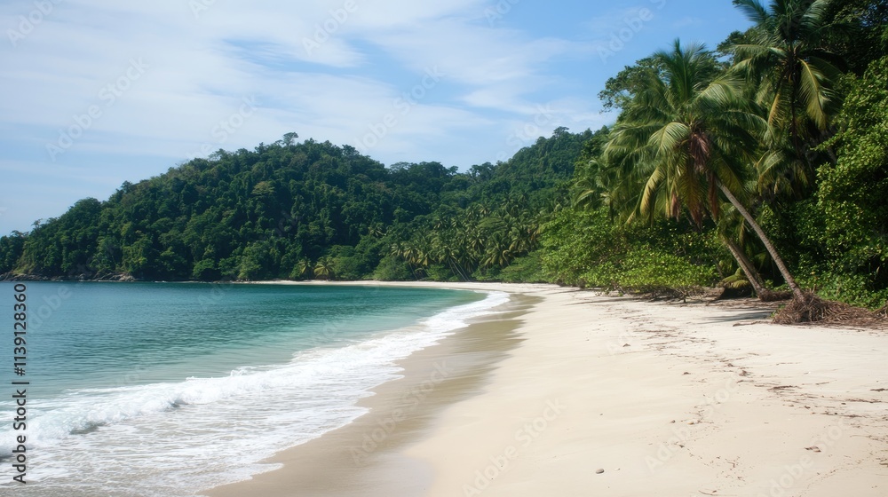 Tranquil Beach with Palm Trees and Clear Water Under Blue Sky Tranquil Beach with Palm Trees and Clear Water Under Blue Sky