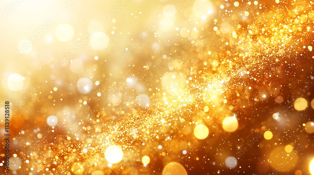 Golden bokeh confetti overlay with glowing yellow circles and sparkling dust creates a luxurious festive background with a blurred effect and empty blank space for a caption in the middle