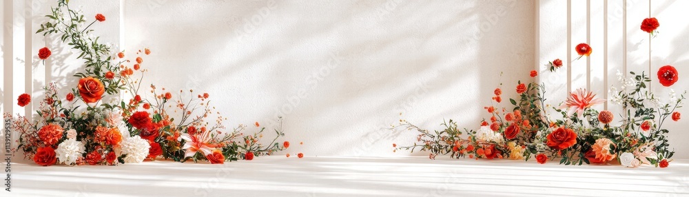 Fototapeta premium Vibrant Red and White Floral Arrangement Against a White Wall