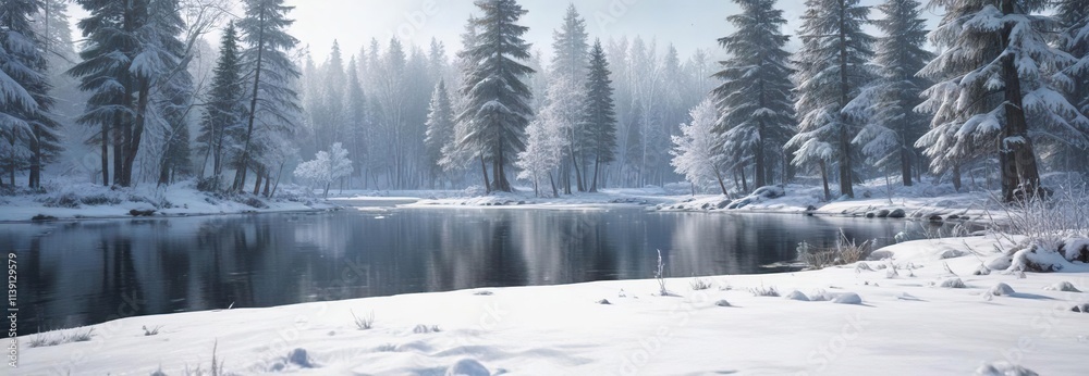 Obraz premium Frozen pond with snow-covered trees and a frozen lake, snowy landscape, snowy forest, frozen tundra