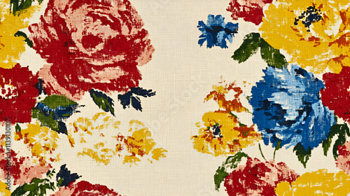 Vibrant Floral Textile Design Featuring Red Yellow Blue Flowers