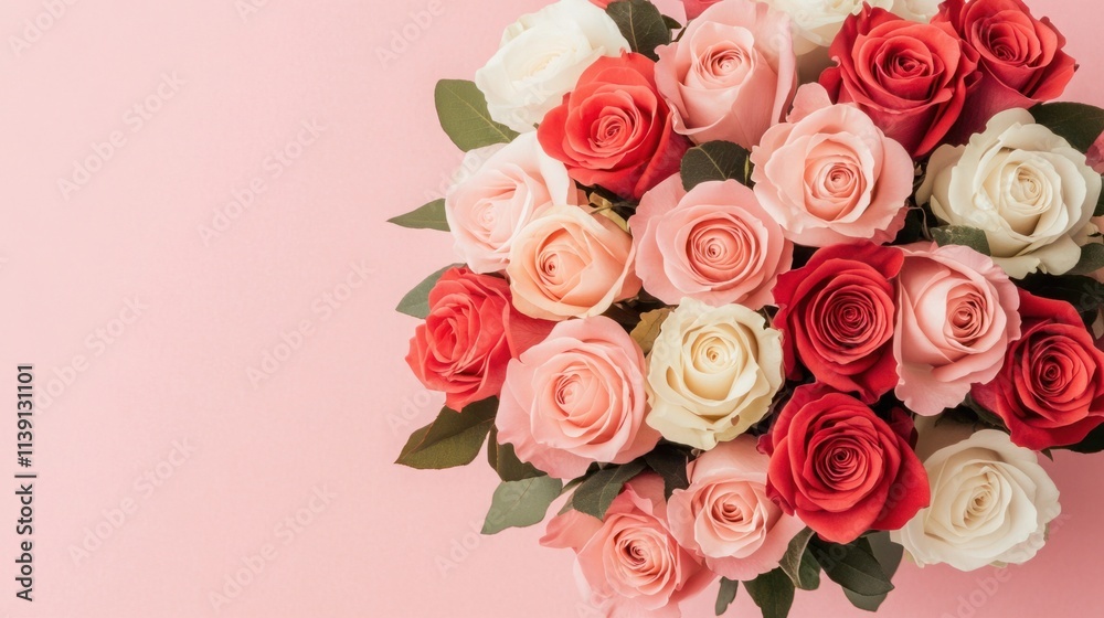 Beautiful Multicolored Rose Bouquet on Soft Pink Background for Celebrations, Events, or Home Decor Featuring Various Pink and Red Shades Beautiful Multicolored Rose Bouquet on Soft Pink Background for Celebrations, Events, or Home Decor Featuring Various Pink and Red Shades