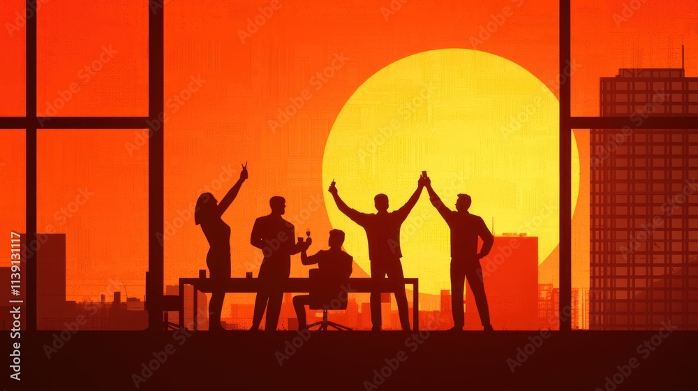 Fototapeta premium A silhouette of a group celebrating against a vibrant sunset backdrop, symbolizing teamwork and success.