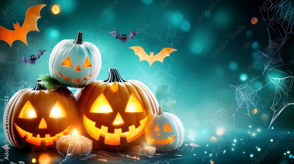 Spooky Halloween Jack-o'-lanterns with Bats and Spiderwebs