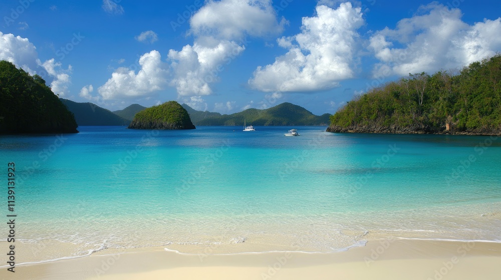 Tranquil Beach Scene with Clear Water and Lush Green Islands Tranquil Beach Scene with Clear Water and Lush Green Islands