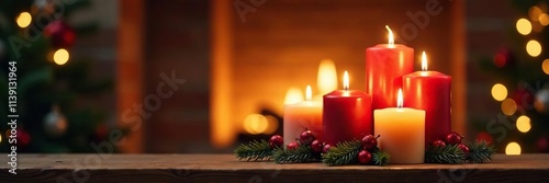 Four candles on wooden mantel with festive backdrop, christmas decoration, candle arrangement, fireplace mantel