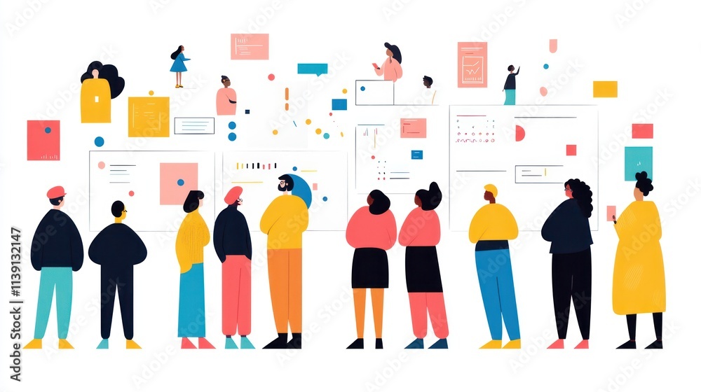 Obraz premium A group of diverse people stands before a colorful display of digital elements, showcasing creativity and collaboration in a modern setting.