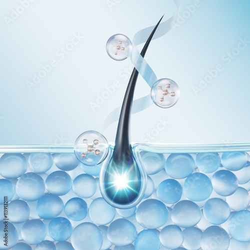 Nourish hair of shampoo or Oil Vitamin serum. Repair damaged hair concept, 3d rendering.