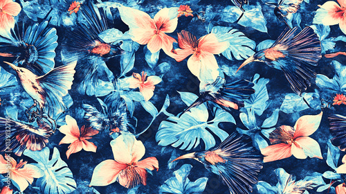 Tropical Birds and Flowers in a Blue Watercolor Design