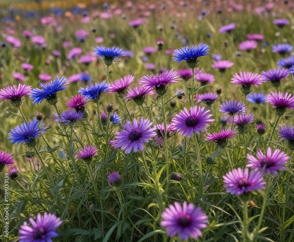 Obraz premium Bright colorful cornflower flowers blooming in a field of knapweed , blooms, summer, cornflower