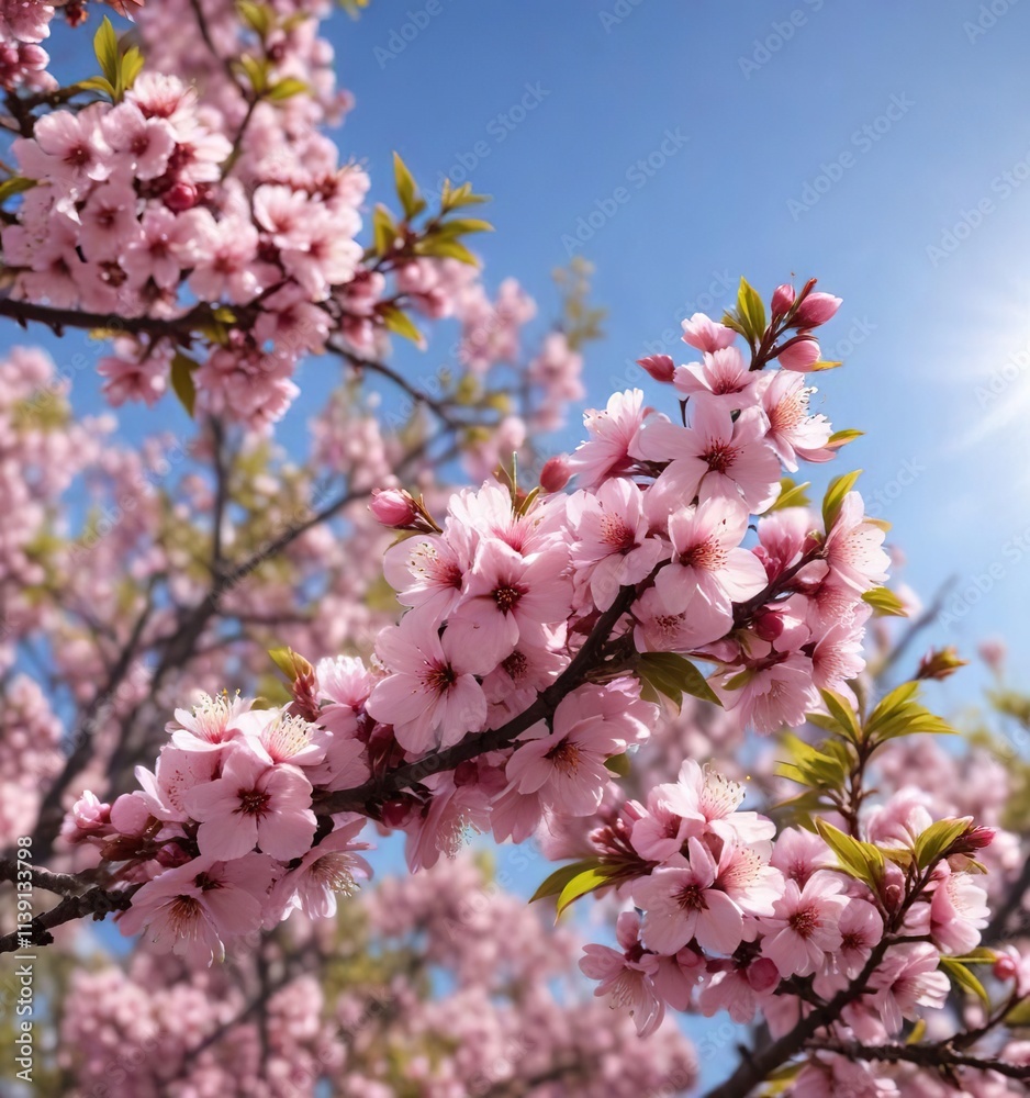 Pink Prunus triloba blossoms abound in May's sunlight , garden, floral photography, plant Pink Prunus triloba blossoms abound in May's sunlight , garden, floral photography, plant