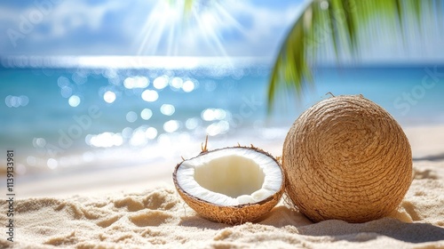 Fresh Coconut on Sandy Beach with Sunlight and Ocean Background