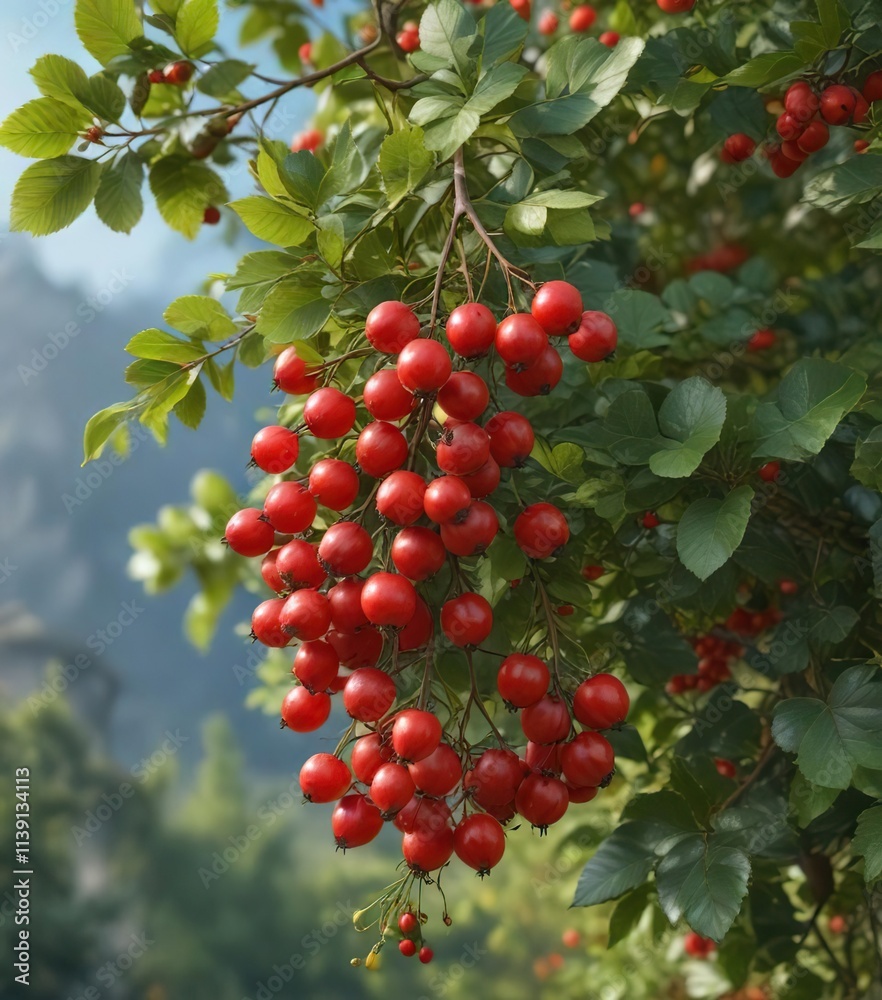 Red ripe berries hanging from the branch of a rose hip bush, plant, foliage, branch Red ripe berries hanging from the branch of a rose hip bush, plant, foliage, branch