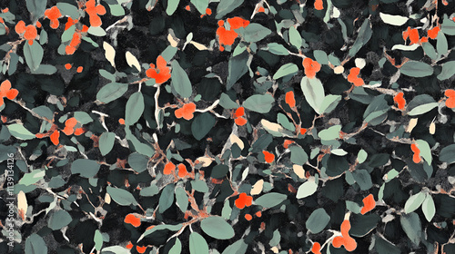 Abstract Painting of Green Leaves and Orange Berries