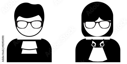 Law judge in black robe costume, court people and justice workers icon profile in two gender for job profession vector	

