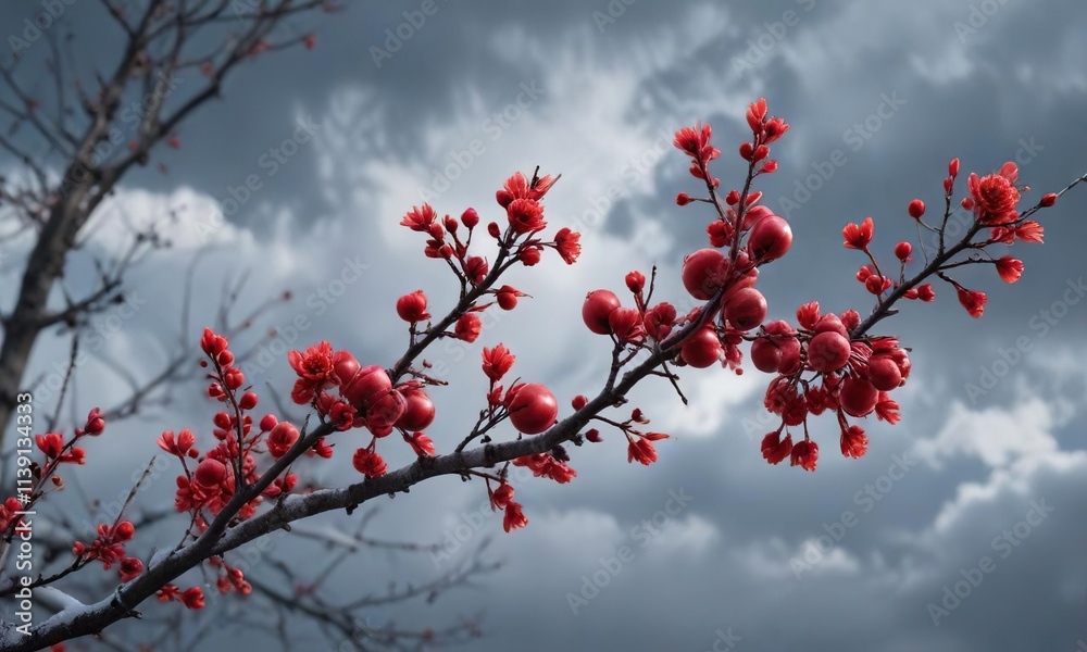 A dramatic shot of a bright red plum branch against a winter sky, nature, trees A dramatic shot of a bright red plum branch against a winter sky, nature, trees