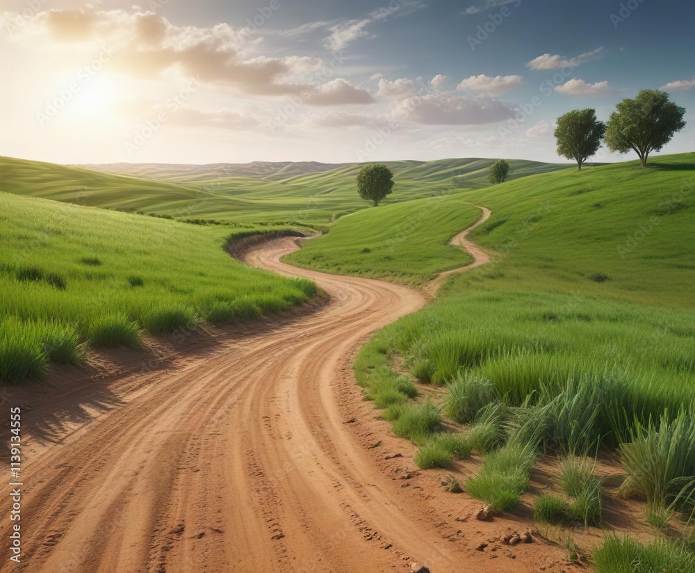 Fototapeta premium Rolling hills of green wheat fields with a few scattered trees and a meandering dirt road in the background, countryside,