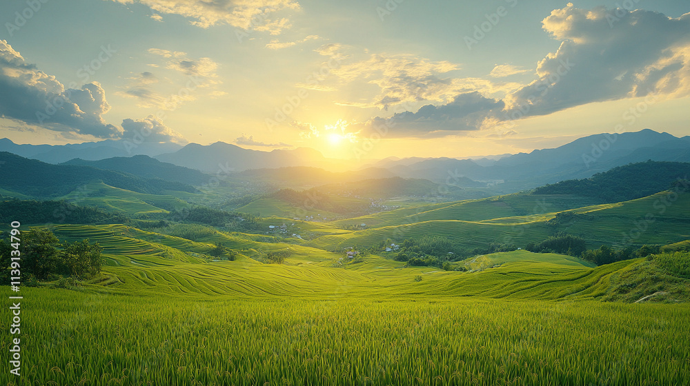 Obraz premium Panoramic view of lush rice terrace fields in North Vietnam bathed in golden sunlight. Symbolizing harmony, growth, and resilience, the terraces reflect human connection with nature and perseverance