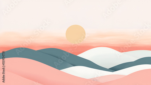 Pastel Mountainscape Sunset Scene with a Yellow Sun