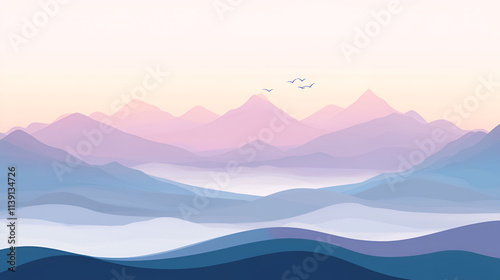Serene Pastel Mountainscape With Birds Flying High