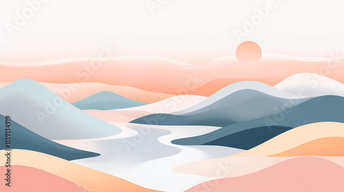 Serene Pastel Mountainscape at Sunset River View