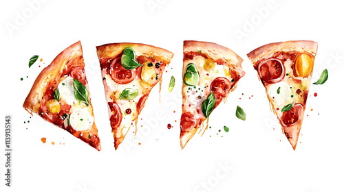 Watercolor Painting of Four Delicious Pizza Slices
