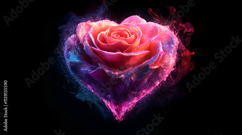 A luminous rose shaped like a heart surrounded by smoke