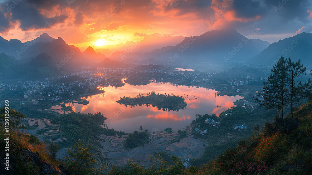 Panoramic view of lush rice terrace fields in North Vietnam bathed in golden sunlight. Symbolizing harmony, growth, and resilience, the terraces reflect human connection with nature and perseverance Panoramic view of lush rice terrace fields in North Vietnam bathed in golden sunlight. Symbolizing harmony, growth, and resilience, the terraces reflect human connection with nature and perseverance