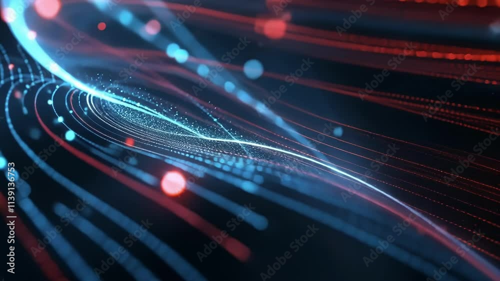 Abstract digital wave particles flowing and glowing with bokeh effect on black background, concept of future technology