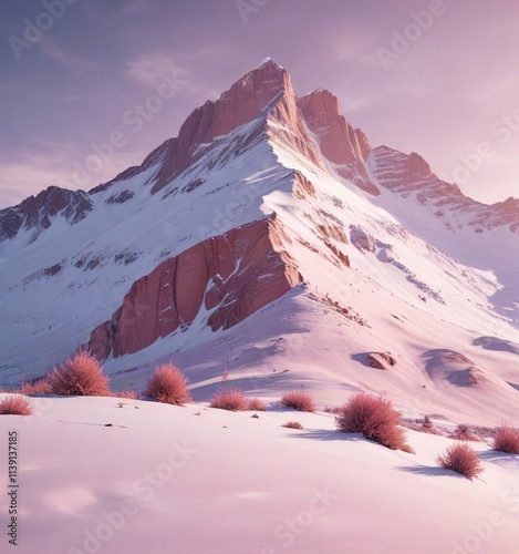 Soft pink sunlit snow on Lone Peak winter Utah landscape, sunset glow, alpenglow