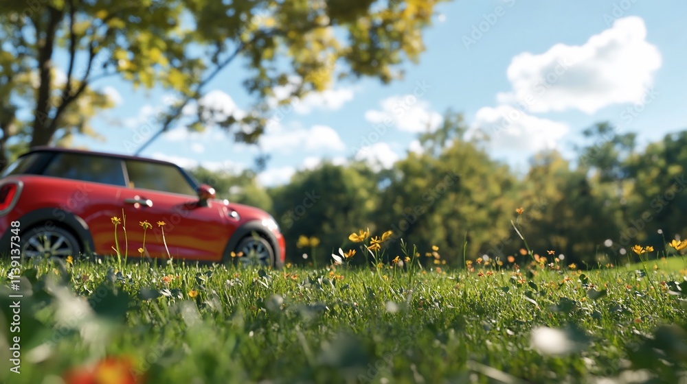 A red car parked in a vibrant grassy field. A red car parked in a vibrant grassy field.