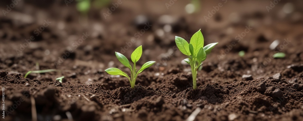 Small, vibrant green sprout peeking out of the soil's surface , lush, growing Small, vibrant green sprout peeking out of the soil's surface , lush, growing