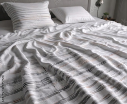 White bedspread covered in a gray and white striped blanket , fabric, patterned, bedspread photo