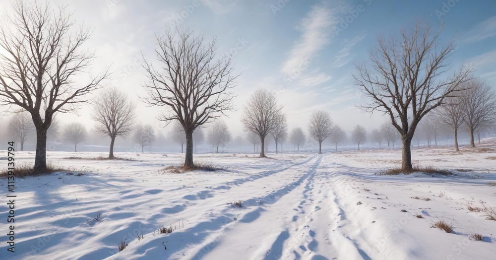 Winter landscape on a snowy field with bare trees, white snowflakes, autumnal scene Winter landscape on a snowy field with bare trees, white snowflakes, autumnal scene
