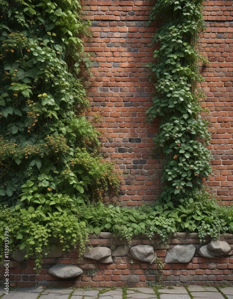 Fototapeta premium Muted red brick wall with overgrown ivy vines and moss-covered stones, brick wall, texture
