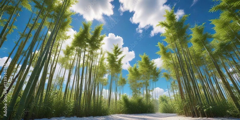 A bamboo grove bathed in warm sunlight under a bright blue sky with white fluffy clouds drifting lazily across it, warm sunlight, white clouds