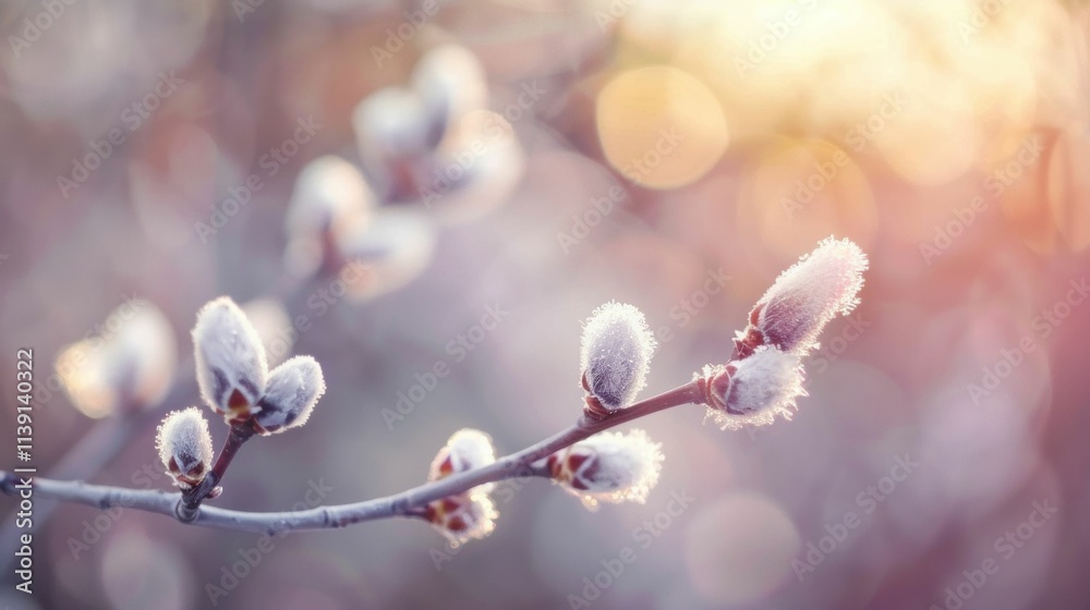 Spring buds on a branch glowing softly in the sunlight, creating a serene atmosphere with a soft bokeh background The colors create a peaceful, natural vibe for seasonal themes Spring buds on a branch glowing softly in the sunlight, creating a serene atmosphere with a soft bokeh background The colors create a peaceful, natural vibe for seasonal themes