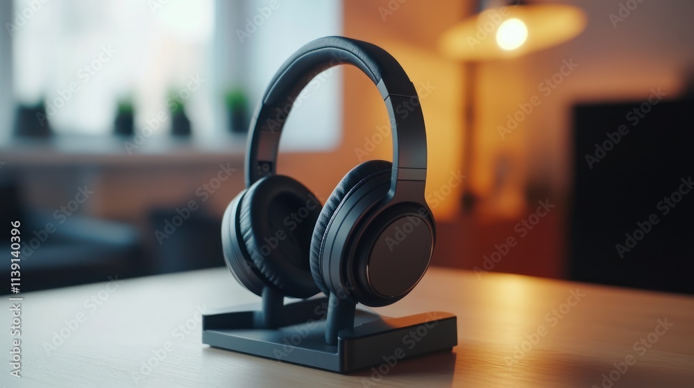 Elegant Black Wireless Headphones Resting on a Modern Stand in a Cozy Home Setting Elegant Black Wireless Headphones Resting on a Modern Stand in a Cozy Home Setting
