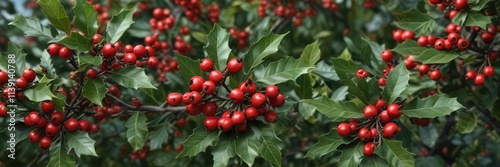 Inkberry holly gallberry in full bloom with red berries , spring foliage, inkberry holly photo