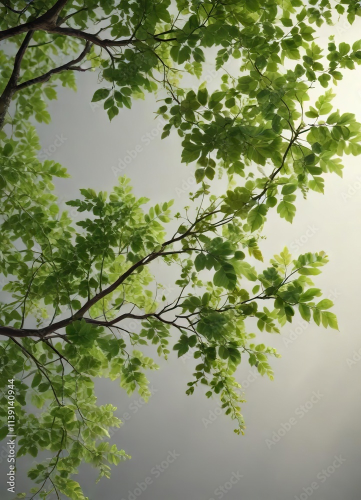 A beautiful tree branch with an assortment of green leaves and delicate vines, forest, nature A beautiful tree branch with an assortment of green leaves and delicate vines, forest, nature