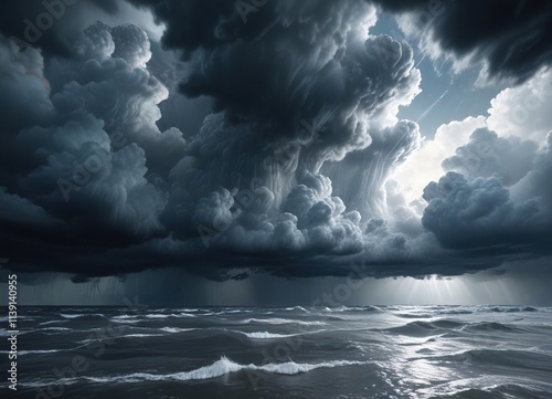 Heavy storm clouds with deep blues and grays, suggesting intense precipitation and rough weather conditions , rough, wet, blue