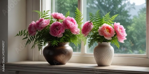 Fototapeta Naklejka Na Ścianę i Meble -  A beautiful vase with peonies and ferns on a windowsill , kitchen window, ferns, arrangement