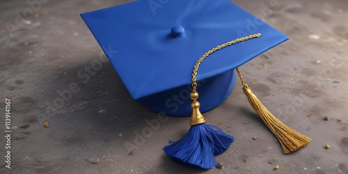 A blue graduation cap with a shiny gold tassel lying on the ground, blue graduation cap, accident scene