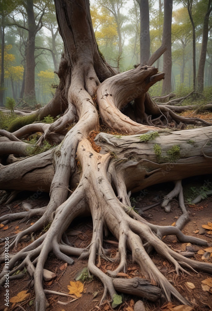 Gnarled tree roots twisting around a fallen log, natural, earthy Gnarled tree roots twisting around a fallen log, natural, earthy