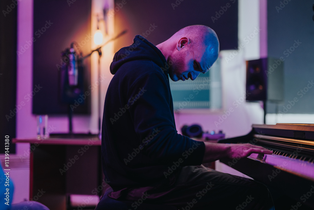 A musician deeply focused while playing the piano in a contemporary recording studio environment, illuminated by soft lighting, conveying a mood of creativity and concentration. A musician deeply focused while playing the piano in a contemporary recording studio environment, illuminated by soft lighting, conveying a mood of creativity and concentration.